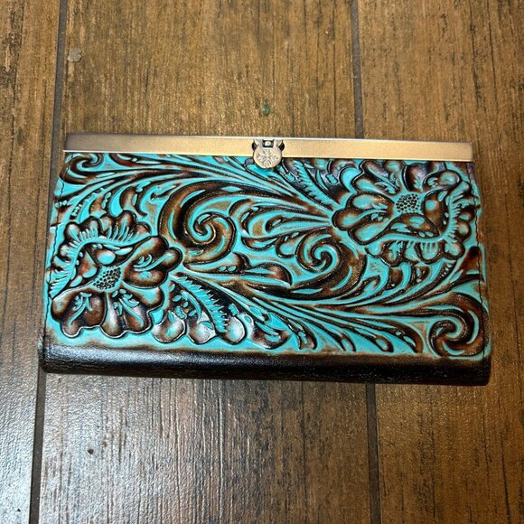 Patricia Nash CAUCHY Wallet Italian Tooled Turquoise Leather - Picture 8 of 10